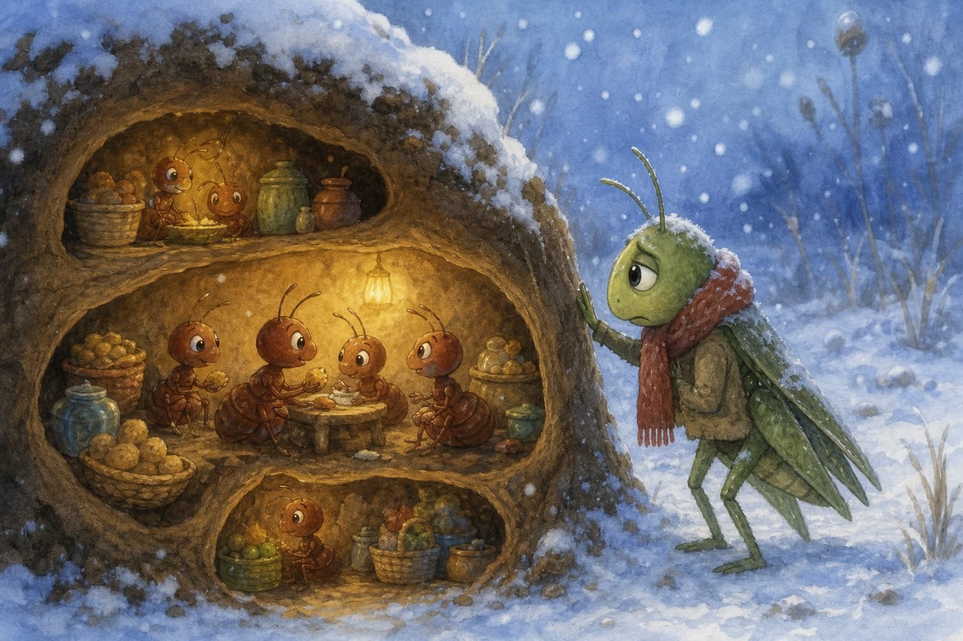 Winter arrives and the grasshopper seeks help