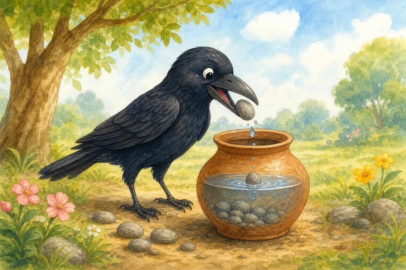 The crow drops pebbles into the pot and drinks