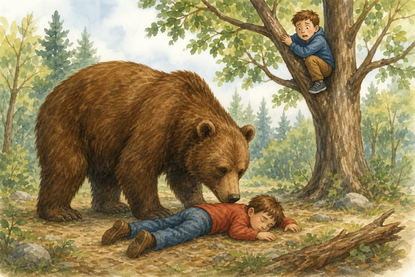 A bear sniffs the boy while his friend hides in a tree