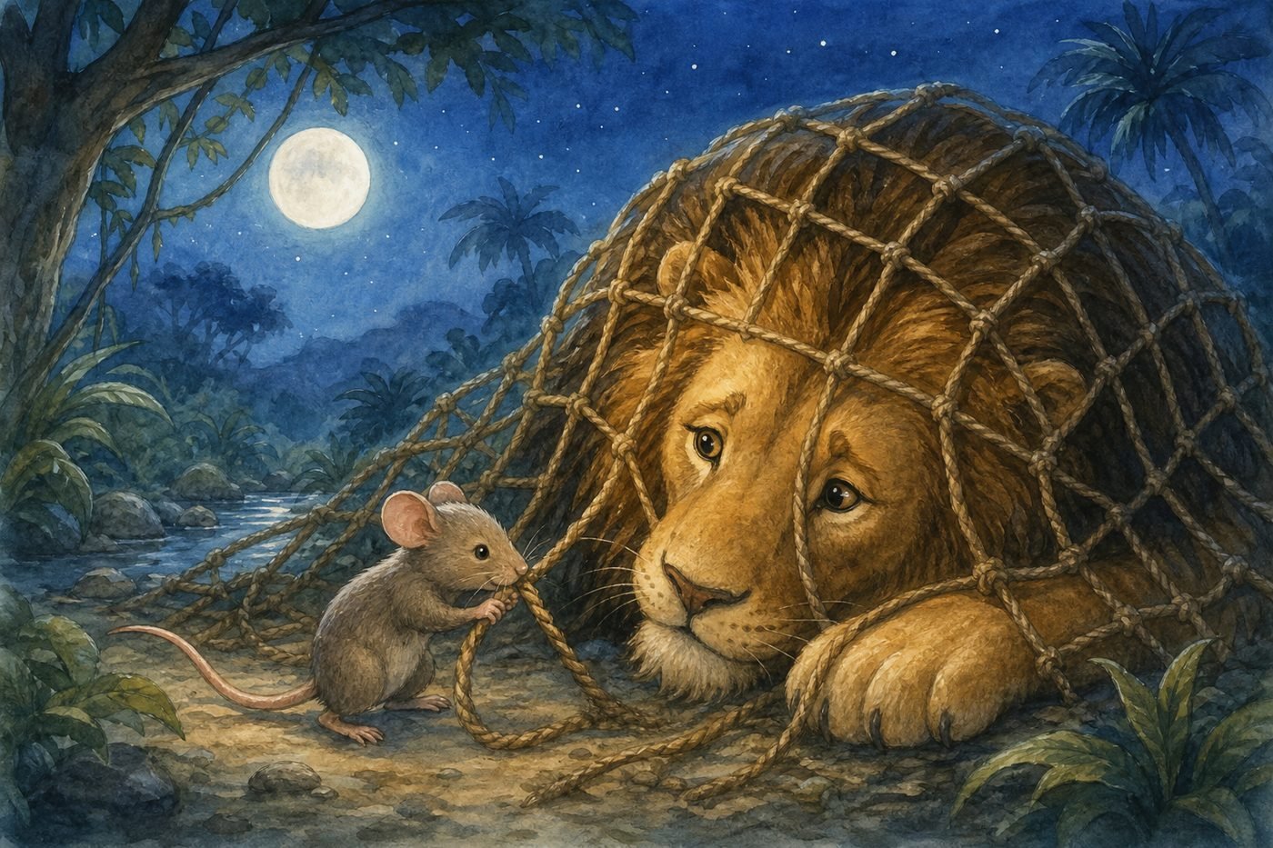The mouse frees the lion from a hunter's net
