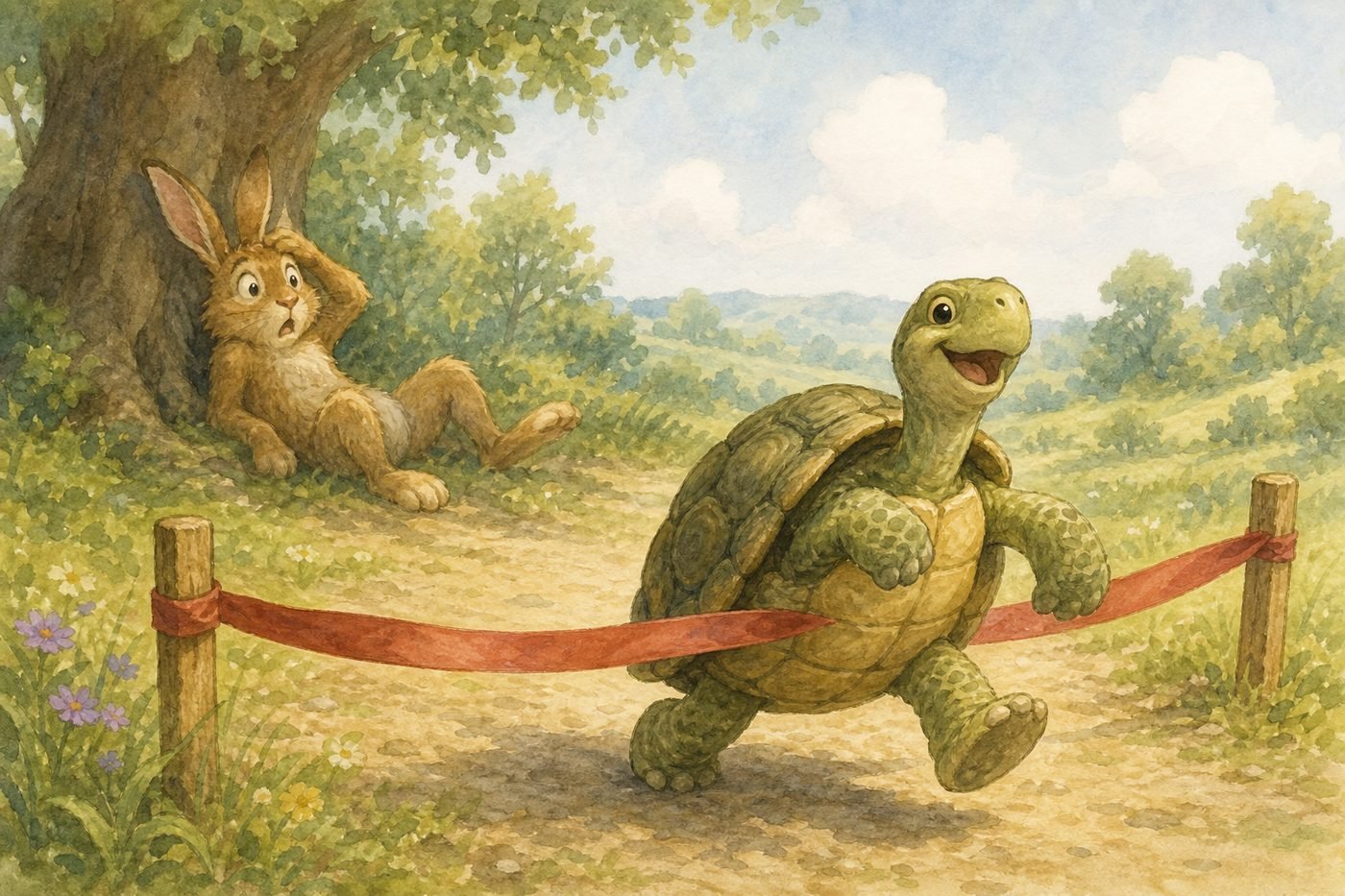 The tortoise finishes while the hare sleeps