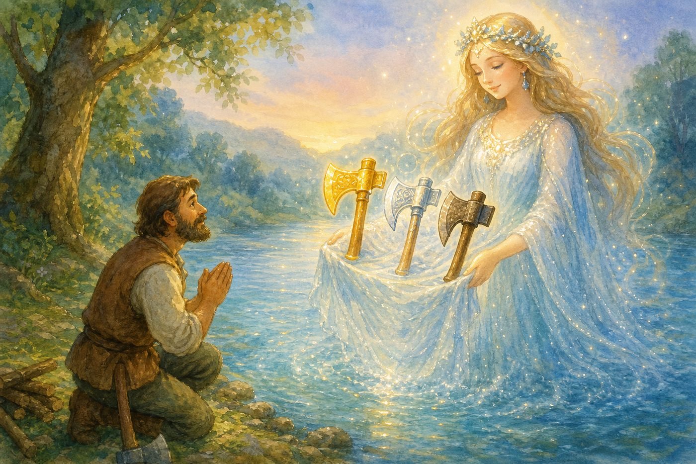 The River Goddess appears with three axes